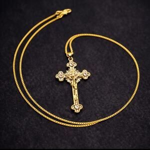 18K Gold Plated Box Chain W/ Crucifix Cross Necklace CZ Jesus | Classic Cross